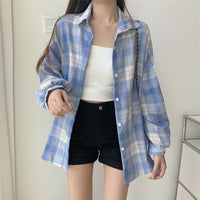 Loose-fitting Korean-style Plaid Shirt For Women