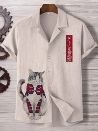 Comfortable Four-Way Stretch Wave-Print Short-Sleeve Cuban-Neck Shirt