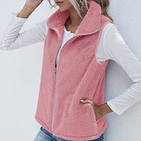 Plush Stand Collar Sleeveless Zipper Lightweight Vest