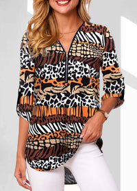 V-neck Zipper Long Sleeve Rollable Sleeves Loose Shirt