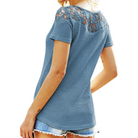 New Womens Solid-Color Lace-trimmed Short-sleeve V-neck Casual T-shirt Top