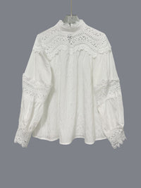 Womens Solid-Color Crochet Hollowed-Out Flare-Sleeve Shirt