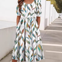 Womens Round-Neck Mid-Waist Printed Swing Dress