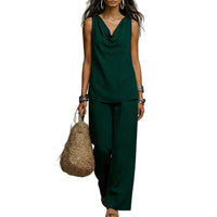 Womens Slash-Neck Sleeveless Tank Top And Casual Pants Set