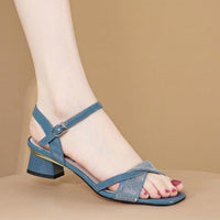 Womens Casual Rhinestone Chunky-Heel Sandals With A Single Strap Buckle