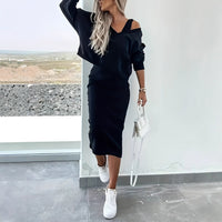Womens Solid Color V-Neck Long-Sleeve Top And Casual Dress Two-Piece Set