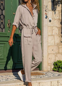 Women's Solid Color Lapel Pocket Elastic Waist Jumpsuit