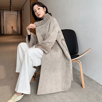 Mink Fur Lace Up Slim Fit Wool Overcoat