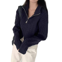 High-grade Lapel Double Zipper Twist Solid Color Sweater