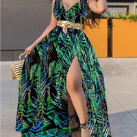 Printed Waist-cinching Mid-rise Elegant Maxi Dress With A Sexy Slit And An Optional Belt