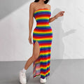 Rainbow-striped Bodycon Off-shoulder Halter Sexy Summer Dress