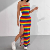 Rainbow-striped Bodycon Off-shoulder Halter Sexy Summer Dress