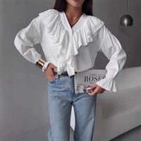 Polyester Women's V-neck Flounce Long Sleeve Shirt