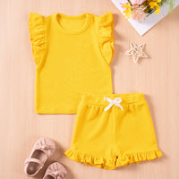 Girls' Summer Suits Solid Color Casual Flounced Sleeve Shorts