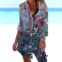 3D Casual Women's Clothing Bird-and-flower Painting Printed Beach Vacation Blouse