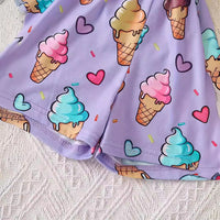 Girls' Purple Ice Cream Cone Small Love Cool Printed Short Sleeve Shorts Suit