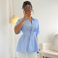 Womens SpringSummer Striped Shirt With V-Neck And Defined Waist For A Slimming Look