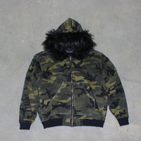 Black Zipper Divided Print Fleece Hooded Sweatshirt