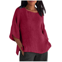 Womens Casual Crew-neck Cotton-linen Shirt Top