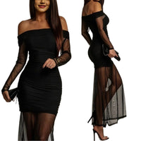 Off-the-shoulder Mesh-panel Fitted Long-sleeve Dress