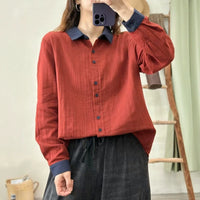Womens Casual Retro Color-Block Collar Cotton Shirt