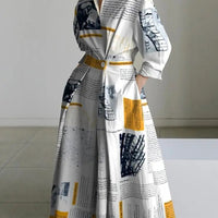 Fashionable Polo-neck Three-quarter-sleeve Loose-fit Flared Maxi Dress