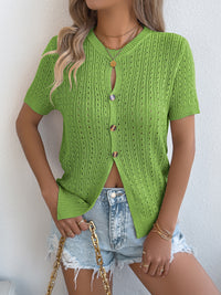 Solid Color Hollow-out Button Short Sleeve Knitted Women's Top
