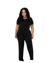 European And American SpringSummer Fashion Womens Trendy Patchwork Ribbed Contrasting Color Casual Two-Piece Set