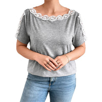 Casual Lace Solid Color Loose Crew Neck Womens T-Shirt