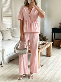 V-neck Loose-fit Short-sleeve Top And Wide-leg Pants Two-piece Set
