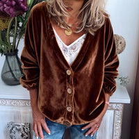 Womens Casual V-neck Long-sleeve Solid-color Cardigan Top