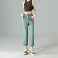 Women's Mint Green Cropped Embroidered Jeans Straight