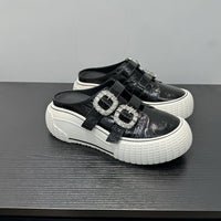 Women's Genuine Leather Platform Mules 2026 New Arrival, Square Buckle, Velcro, Rhinestone, Lazy Slip-on Closed-Toe Casual Slide Sandals