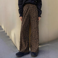 Corduroy Leopard-Print Elastic-Waist Wide-Leg Pants Versatile Soft & Relaxed High-Waist Straight-Leg Trousers
