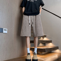 Hong Kong-style Color-Block Wheat-Stripe Textured Plus-Size Cropped Shorts