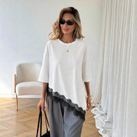 Women's Printed Leopard-Print Patchwork Lace Loose Short-Sleeve Top