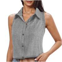 Lapel Cotton Linen Button Sleeveless Shirt Women's Clothing