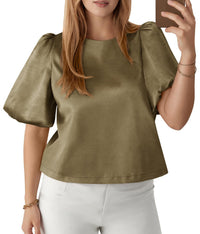 Womens Round-neck Satin Puffed-sleeve Pullover Doll Shirt Top