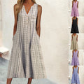 Fashionable Pocketed V-Neck Striped Sleeveless Casual Dress