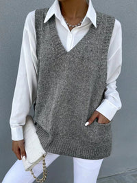 Women's Loose V-neck Double Pocket Knitted Sleeveless Sweater Waistcoat