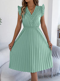 Casual Lace V-neck Ruffled-waist Pleated Dress