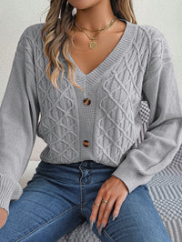 Women Casual Button Cable Knit Lantern Sleeve Pullover Sweater