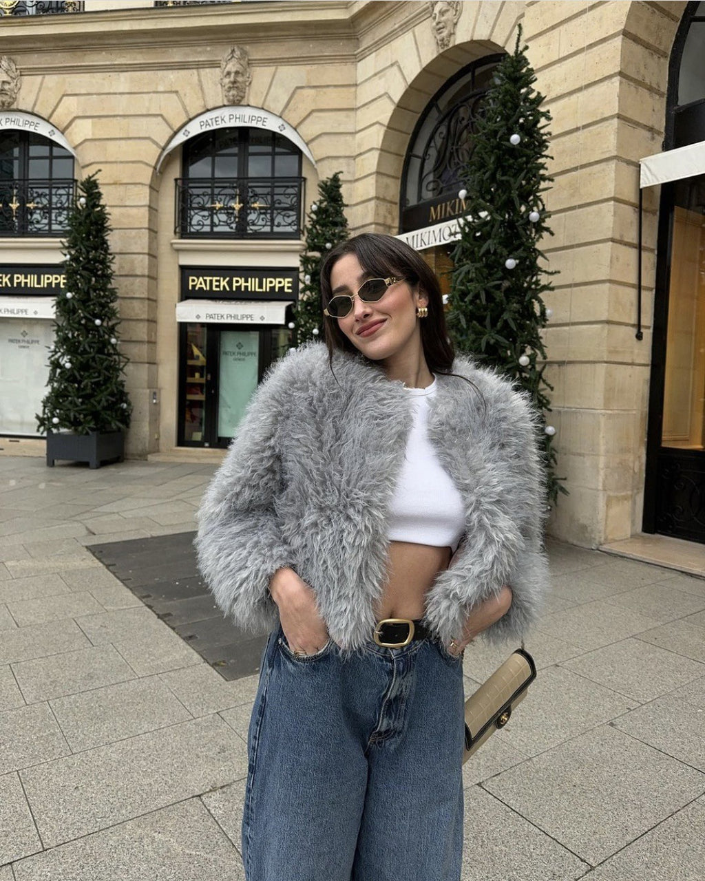 Wool Light Gray Round Neck French Artificial Fur Short Coat