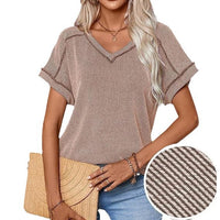 Fashionable Two-tone Twisty Stretch Short-sleeve V-neck Top Women's T-shirt