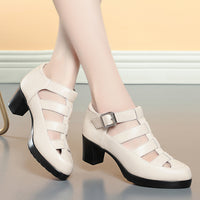 Closed Toe Sandals Summer Chunky Heel Woven Hollowed Ankle-strap Buckle Women's Shoes