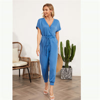 Cross V-Neck Short Sleeve Tie Pocket Casual Jumpsuit