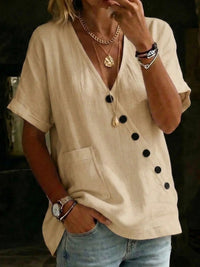 V-neck Solid-color Casual Cotton-linen Top With Buttons For Women