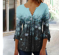 Women's Floral Printed 34 Sleeves V-neck Buttons Shirt