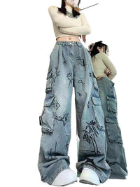 Retro Cartoon Graffiti Loose Denim Trousers Women