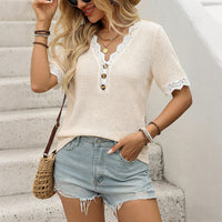 Casual Resort Off-Shoulder Short-Sleeve Lace-Patchwork V-Neck Top